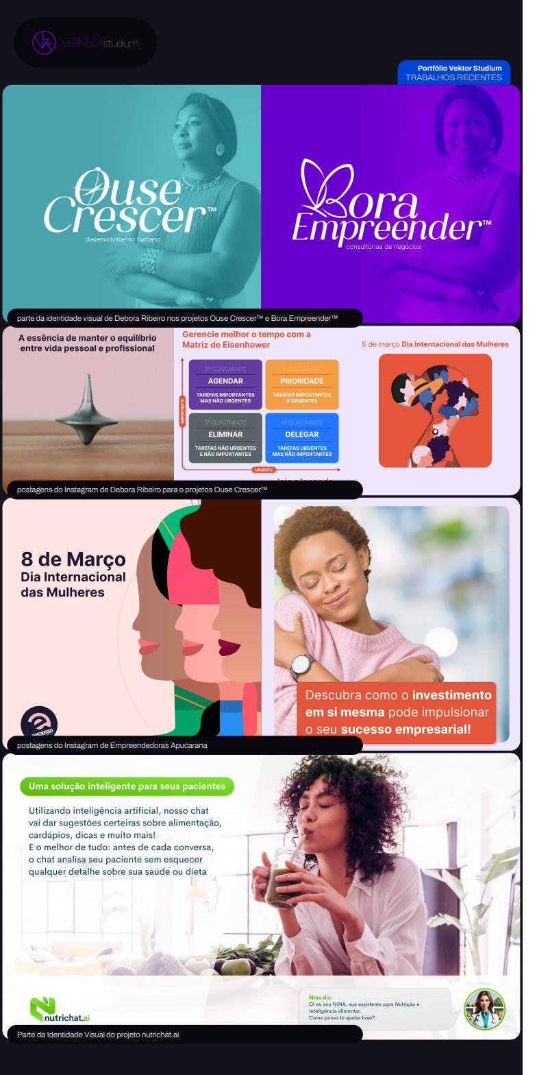 Identidade visual e social media — Debora Ribeiro, Ouse Crescer™, Bora Empreender™ e nutrichat.ai